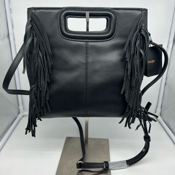 NWT MAJE Sac M Black Studded Leather Embellished Clover Motif Fringe Crossbody - Picture 10 of 13